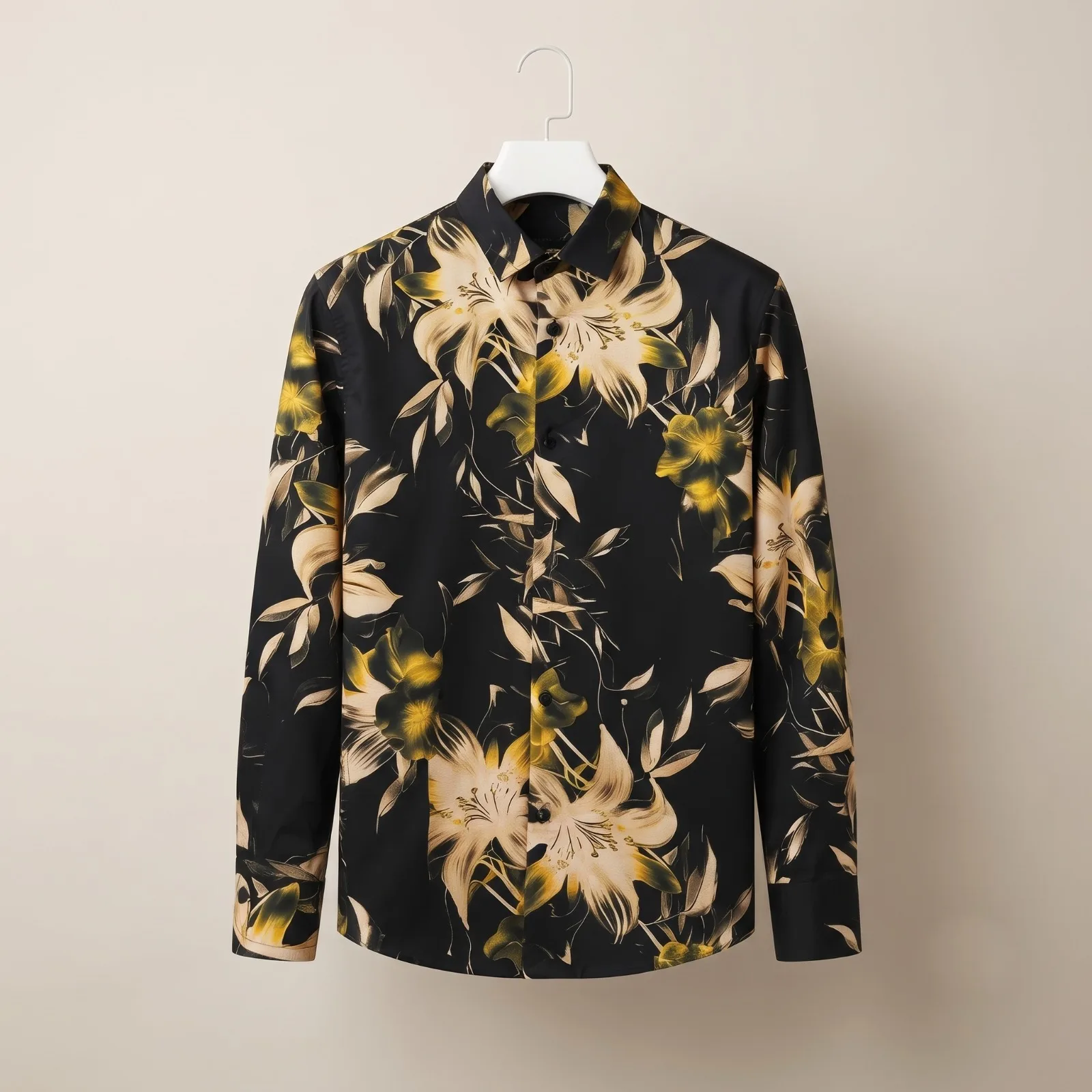 Elegant Black & Gold Floral Printed Full-Sleeve Casual Shirt